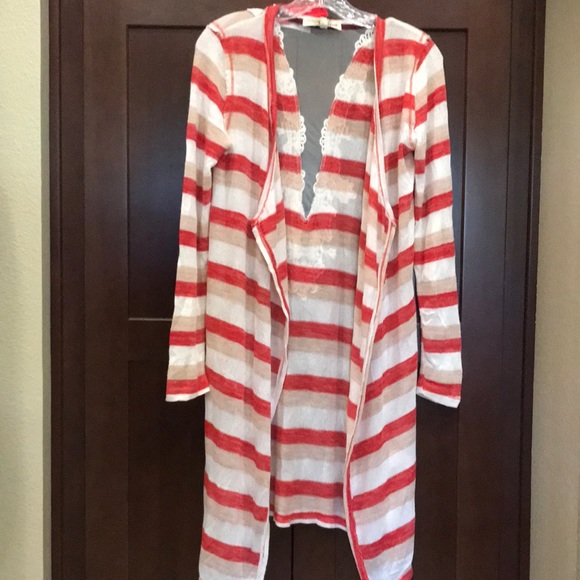 Ladies Demeanor Orange/Cream/White Sweatercoat - Picture 2 of 6